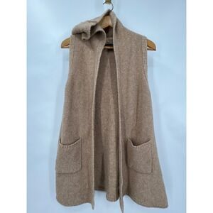 Tahari Womens Camel Tan Wool Blend Hooded Open Front Longline Sweater Vest Large